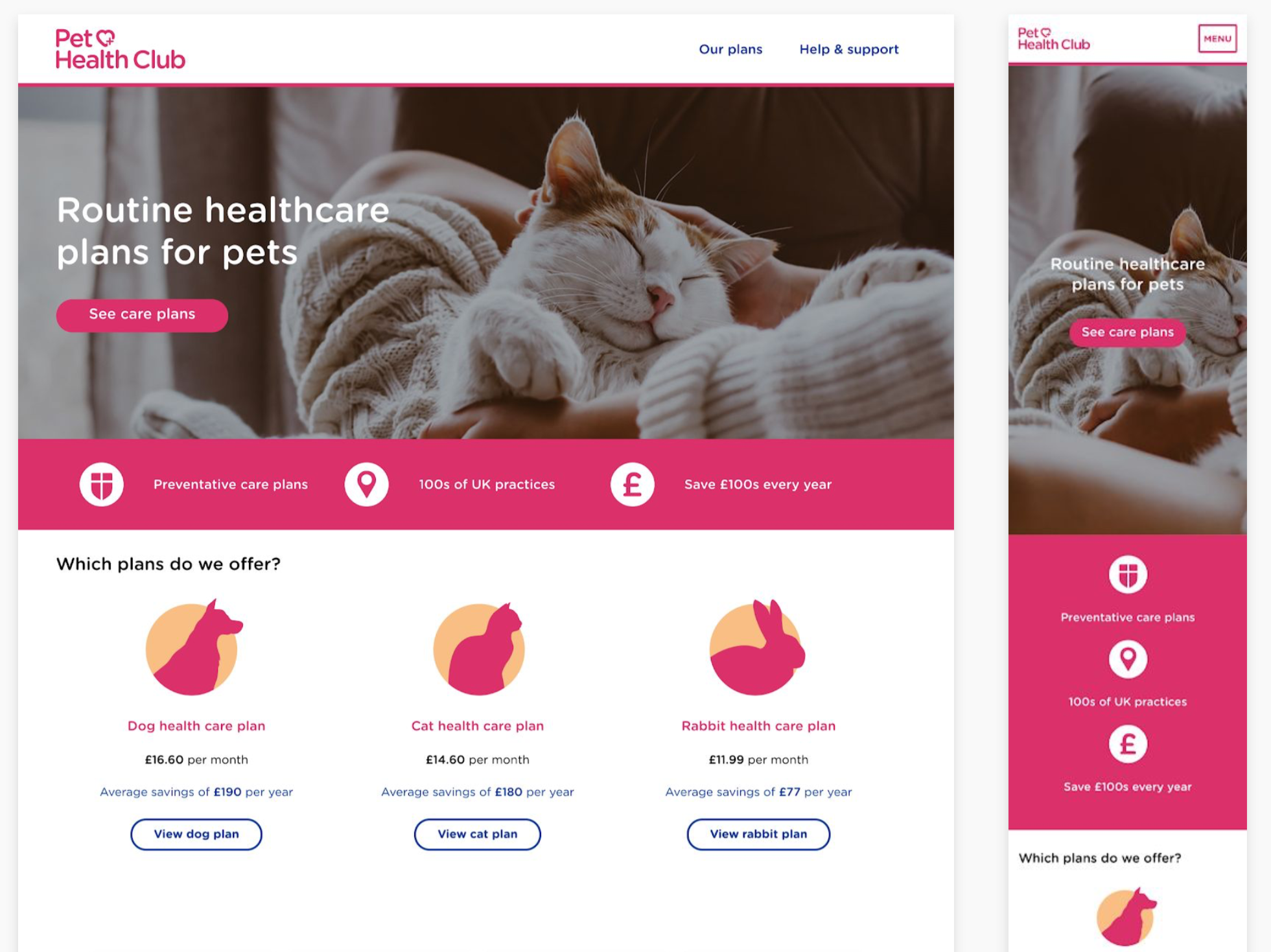 Screenshot of the Pet Health Club homepage