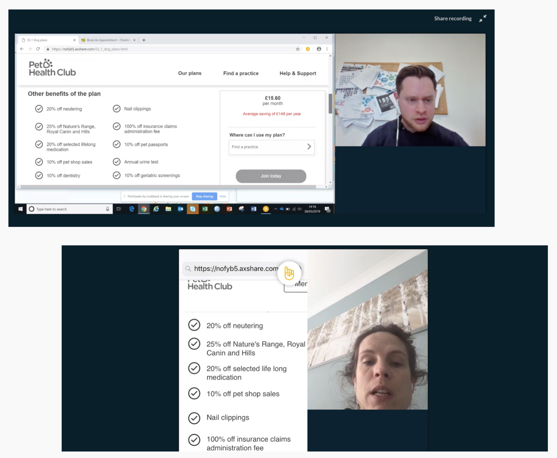 Image of people testing wireframes of the Pet Health Club website