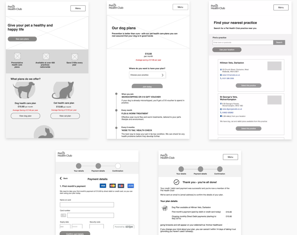 Wireframes of initial version of the Pet Health Club website