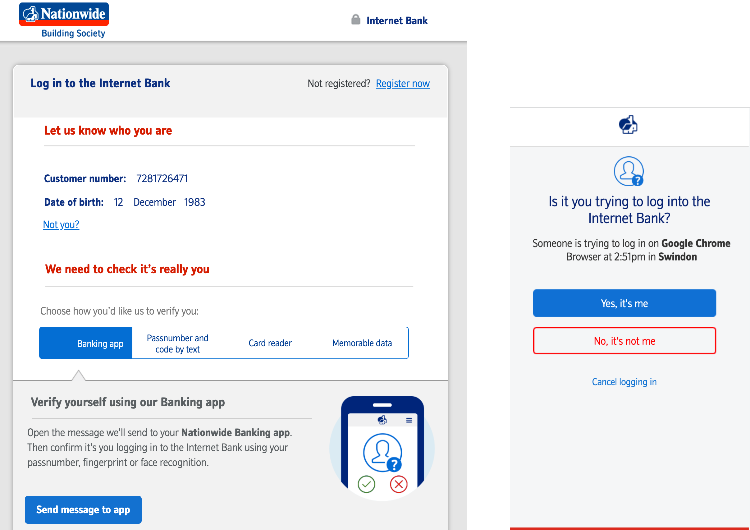Screenshot of the Nationwide login web page and secure message in the mobile app